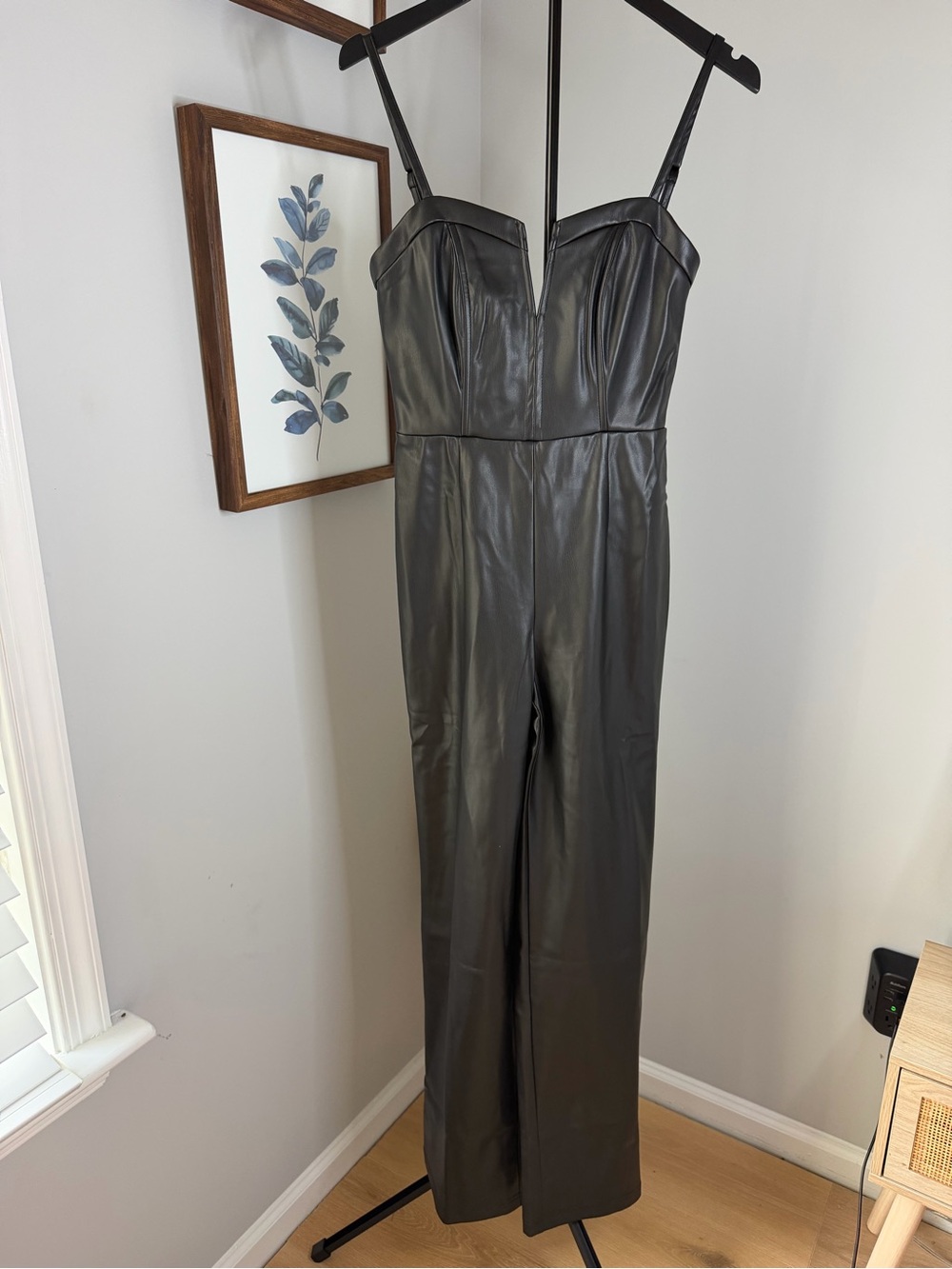 bebe Black Faux Leather Spaghetti-Strap Jumpsuit